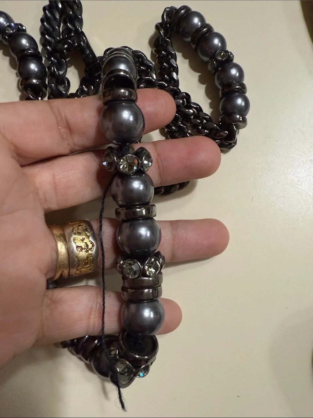 Vintage Givenchy Ruthenium Faux Gray Pearl Rhinestone Couture Statement Necklace